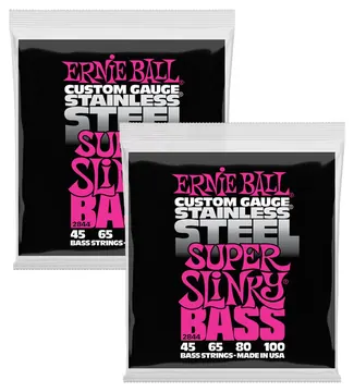 2 Sets Of Ernie Ball 2844 Super Slinky Stainless Steel Electric Bass Guitar Strings 45-100
