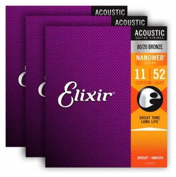 Elixir Acoustic Guitar Nanoweb Custom Light 11-52 80/20 Bronze 3 Pack