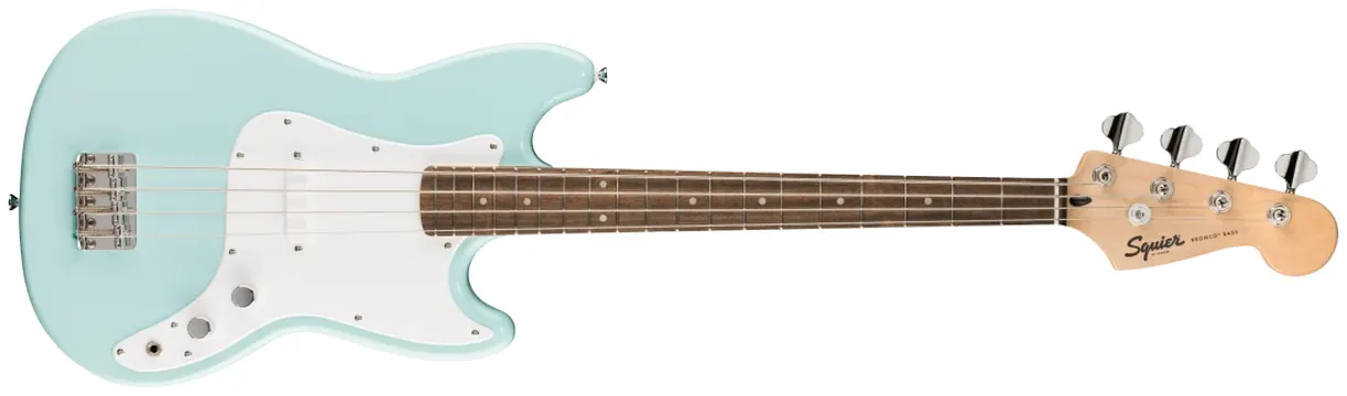 Squier Bronco Bass, Laurel Fingerboard, White Pickguard, Daphne blue