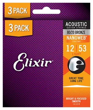 Elixir Nanoweb 16539 12-53 Acoustic Guitar Strings Bonus Pack Bronze