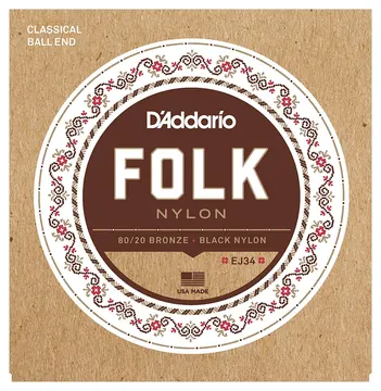 D'Addario EJ34 Folk Nylon 80/20 Bronze Ball Black NylonTreble Guitar Strings